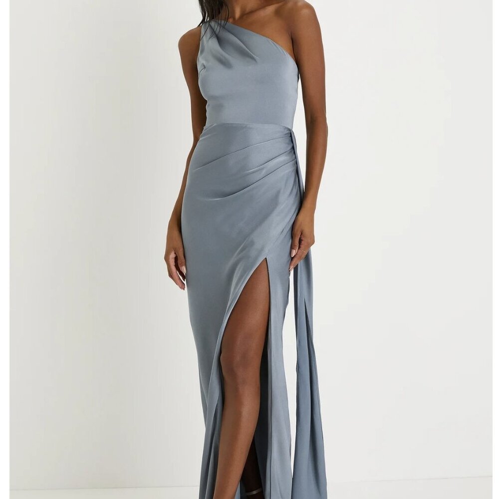 Lulu's Signature Elegance Slate Blue Satin One-Shoulder Maxi Dress-Small